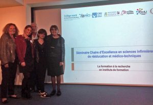 Hélène Lefèbvre, professeure à la chaire et à la faculté de sciences infirmière de Montréal, Marlène Arbutina, coordonnatrice de la recherche paramédicale au CHU de Poitiers, Dominique Bourgeon, le coordonnateur général des instituts de formation du CHU de Poitiers, Valérie Berger, coordonnatrice de la recherche paramédicale au CHU de Bordeaux, et Pascale Béloni, coordonnatrice de la recherche paramédicale au CHU de Limoges.