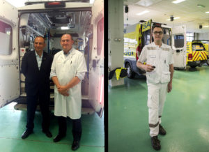 A droite : le Dr Pablo Jure, directeur du Same 107 au ministère de la santé de Jujuy, et Jean-Yves Lardeur, praticien hospitalier service Urgence Samu-Smur CHU de Poitiers, le 22 juin 2017, au CHU de Poitiers. A gauche, Bruno Bainvel, infirmier urgentiste au CHU de Poitiers.
